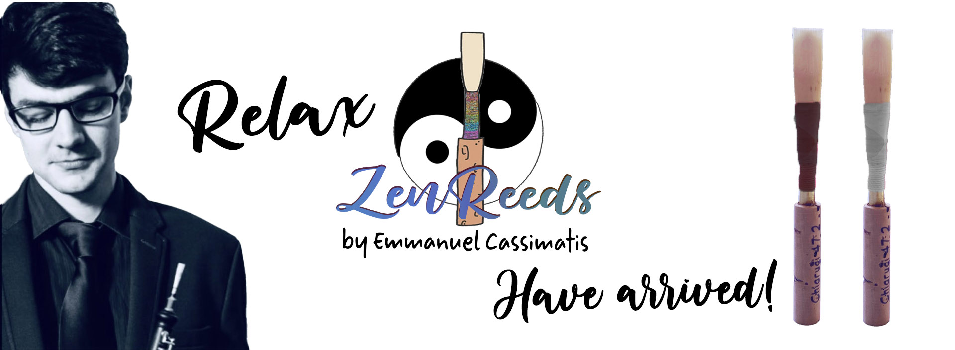 Zen reeds web banner picture of emmanuuel Cassimatis with two oboe reeds and zen logo