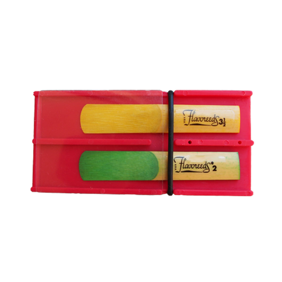 clarinet / alto saxophone & tenor saxophone reed guard in red on white background with coloured reeds