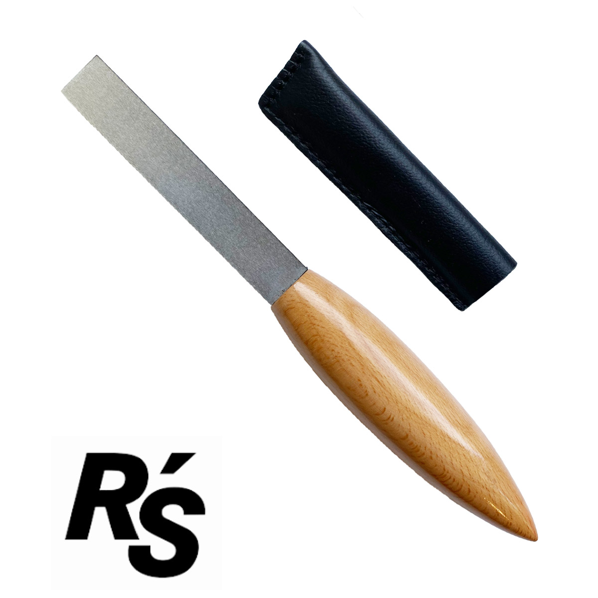 reeds n stuff knife from the back with sheath and logo on white for web