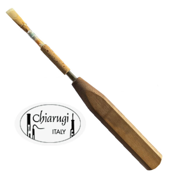 Chiarugi oboe mandrel showing reed on mandrel and light wood handle