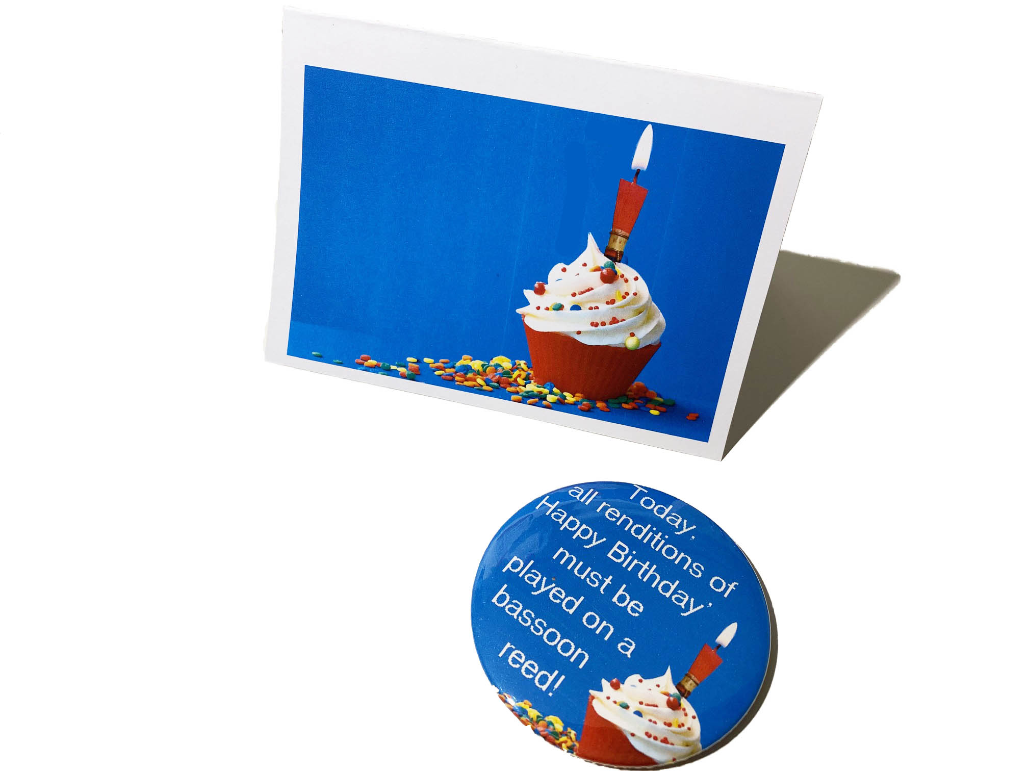 Happy birthday bassoon reed badge and card on white background