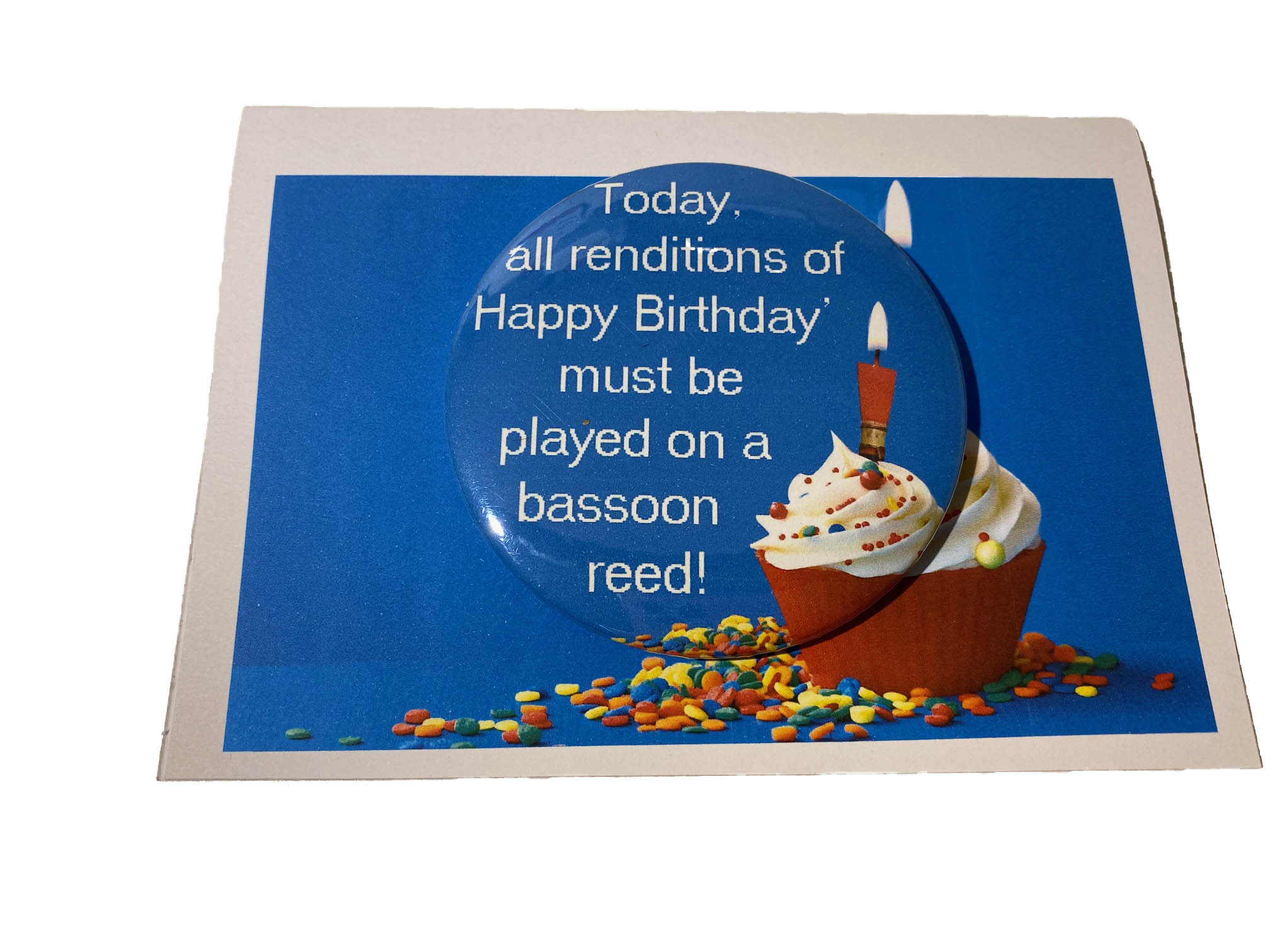 Happy birthday bassoon reed card and badge on white background