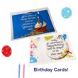 two birthday cards on white background featuring bassoon and oboe image, badge and slogan