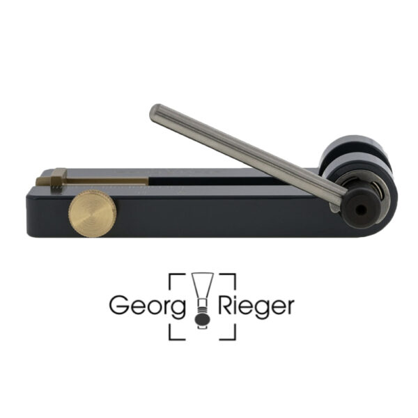 Reed tip cutter for bassoon and oboe reeds side view on white background with Rieger logo