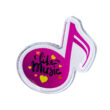 crystal lapel pin showing pink semiquaver with like music text on white background