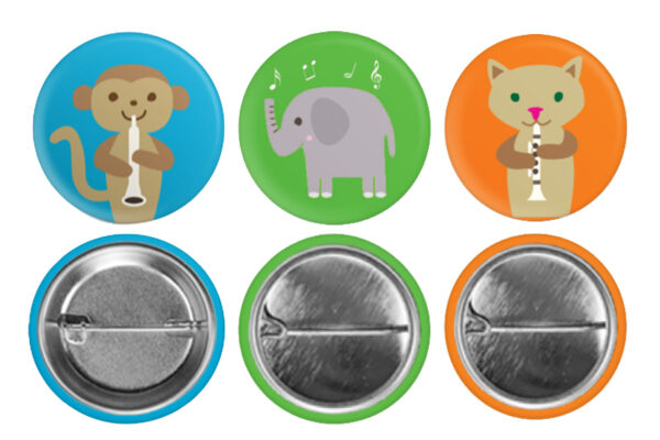 musical badges cat monkey elephant