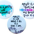 three music badges on white