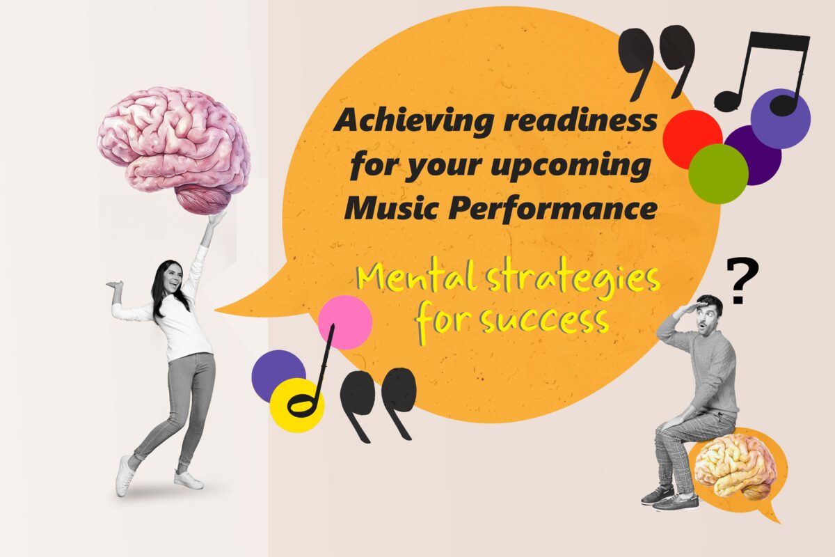 Man and lady communicating via speech bubbles on achieving mental strategies for music performance