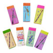 7 erasers grouped on white background with musical themed images in bright colours