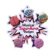 five colourful badges on a star shaped card with oboe superhero music theme