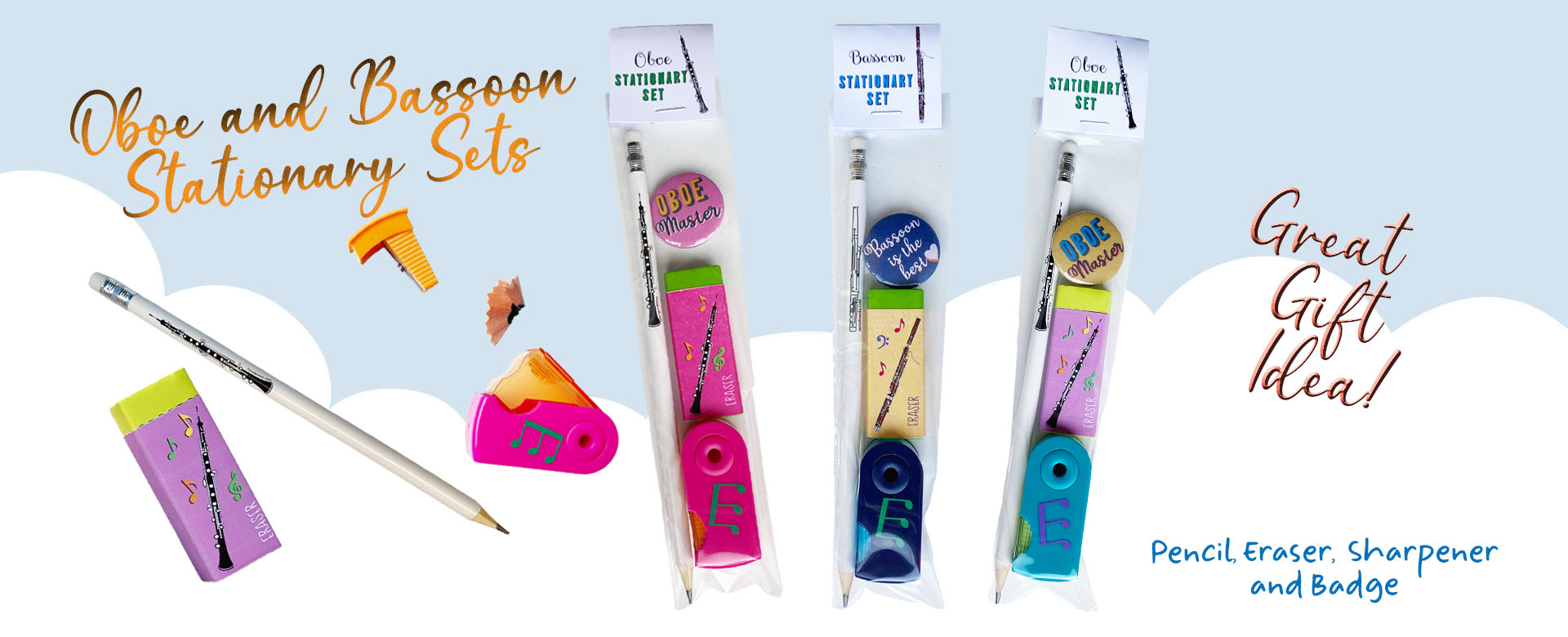 banner for webpage showing oboe and bassoon themed stationary sets