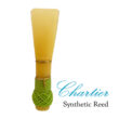Chartier synthetic bassoon reed with green binding on white background with Chartier Logo