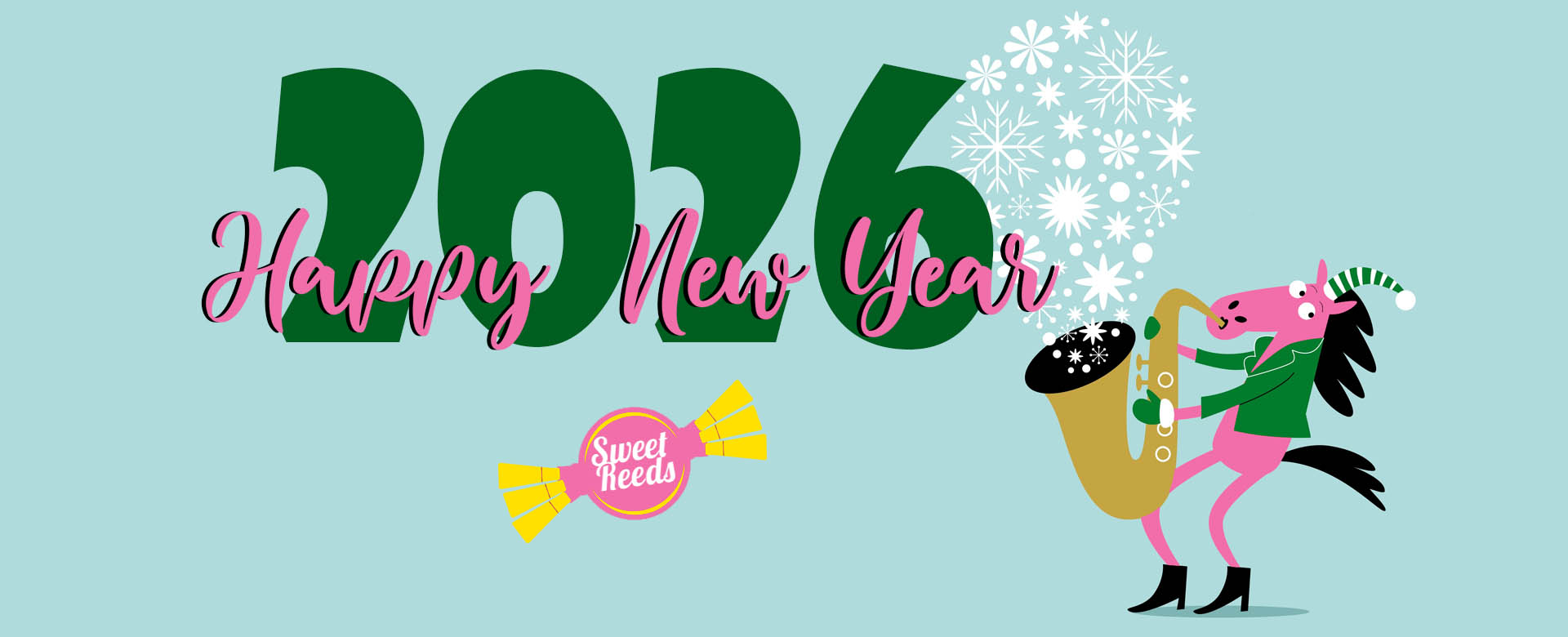 pink and orange background with a santa holding an oboe reed and the text Merry Christmas