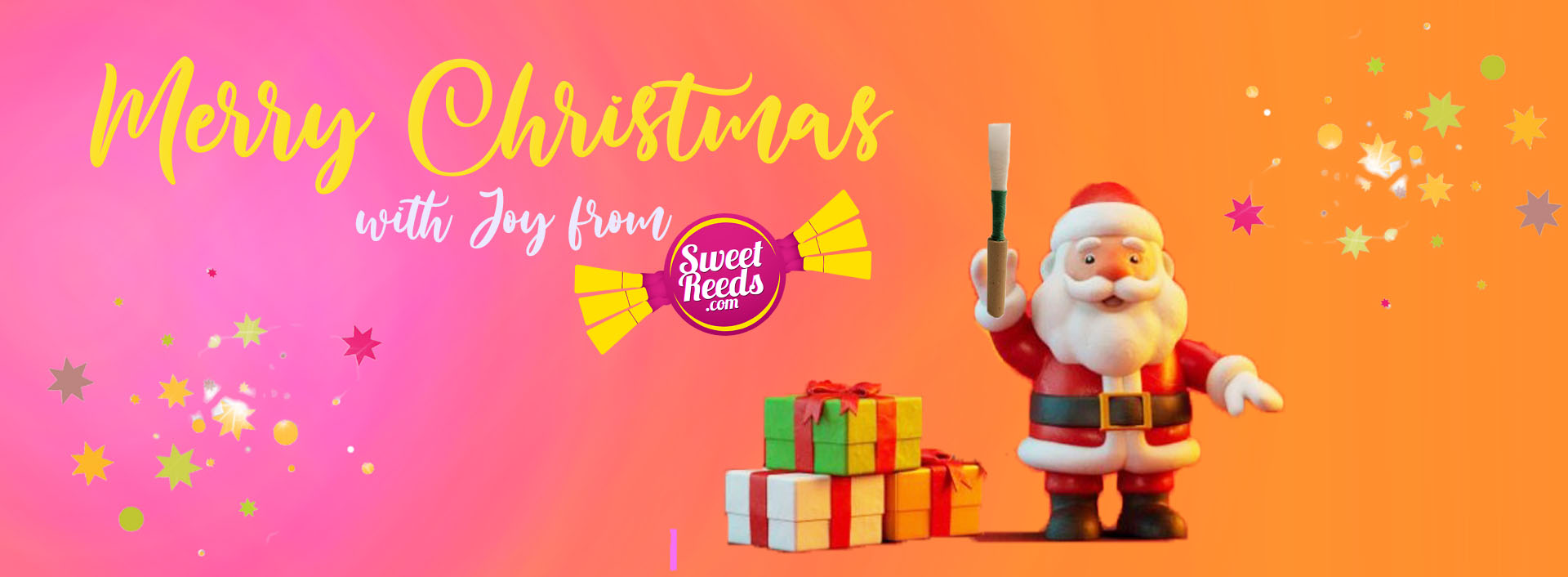 pink and orange background with a santa holding an oboe reed and the text Merry Christmas