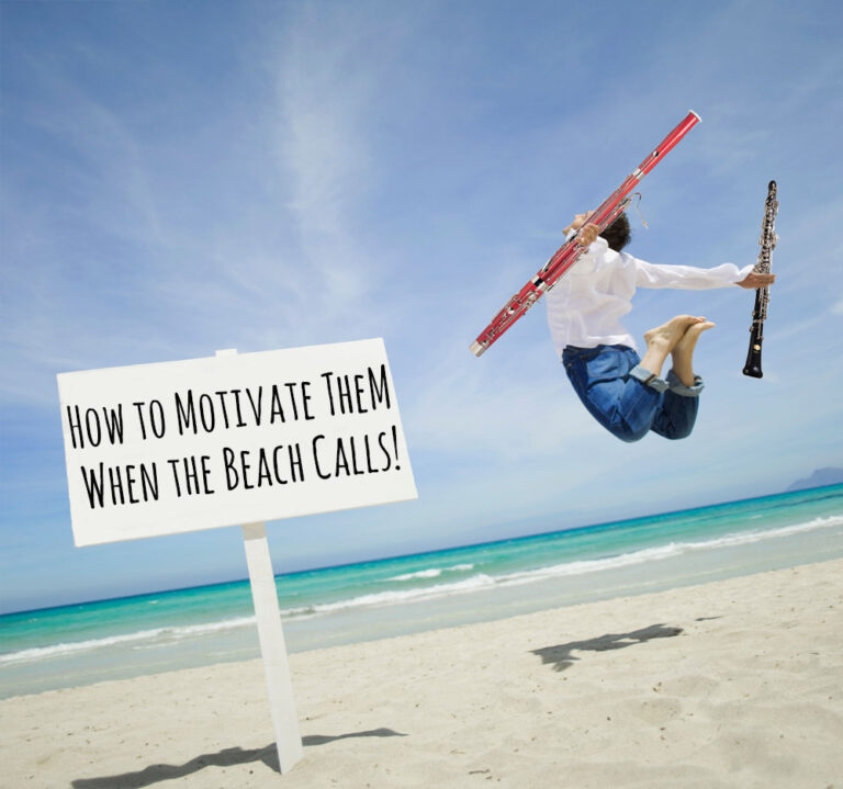 person holding oboe and bassoon jumping for joy on beach with sea in the background